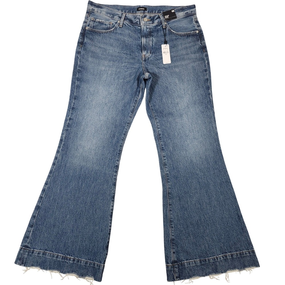 Express 70s Flare Mid Rise Jeans Blue Denim Distressed Raw Hem‎ Size 14R